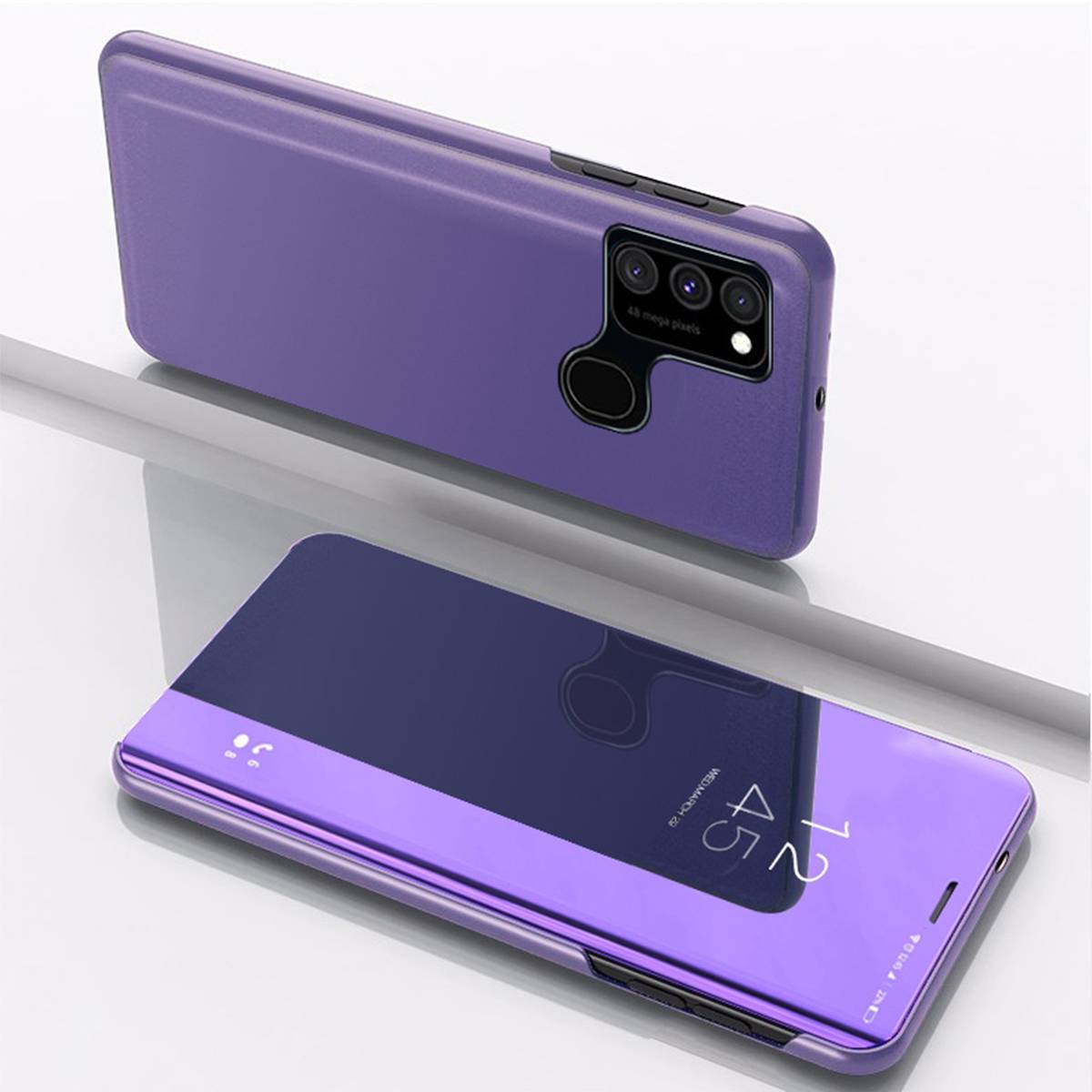 Für Samsung Galaxy A21s A217F Clear View Spiegel Mirror Smartcover Lila Schutzhülle Cover Etui Tasche Hülle Neu Case Wake UP Funktion