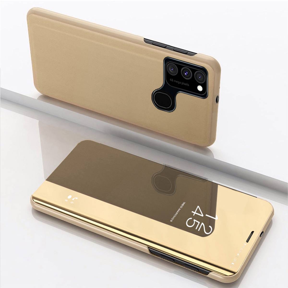 Für Samsung Galaxy A21s A217F Clear View Spiegel Mirror Smartcover Gold Schutzhülle Cover Etui Tasche Hülle Neu Case Wake UP Funktion