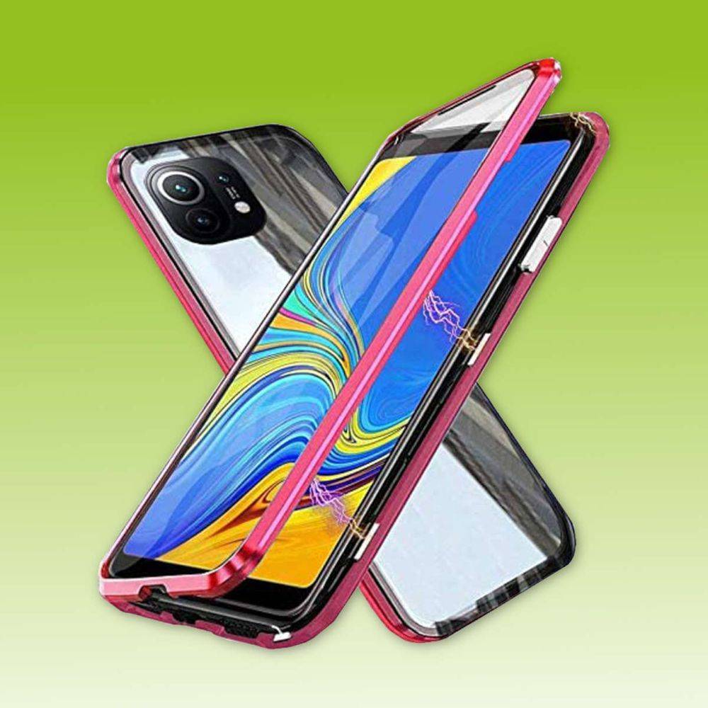 Beidseitiger 360 Grad Magnet / Glas Case Hülle Handy Tasche Bumper Rot für Xiaomi Mi 11