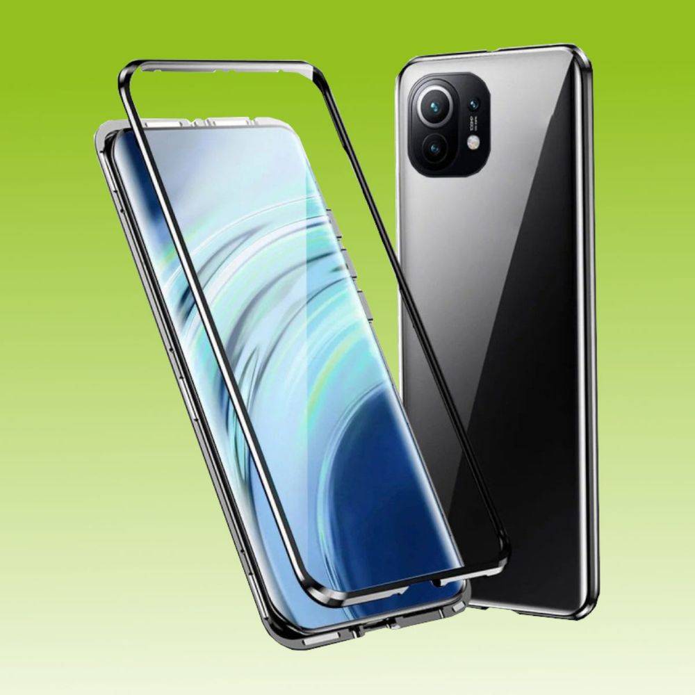 Beidseitiger 360 Grad Magnet / Glas Case Hülle Handy Tasche Bumper Schwarz für Xiaomi Mi 11