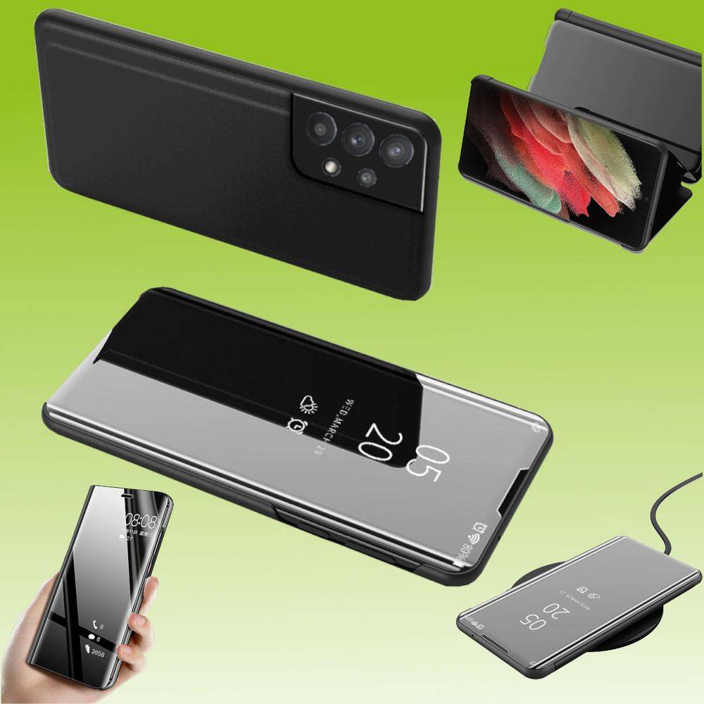 Für Samsung Galaxy A32 5G A326B Clear View Spiegel Mirror Smartcover Schwarz Schutzhülle Cover Etui Tasche Hülle Neu Case Wake UP Funktion