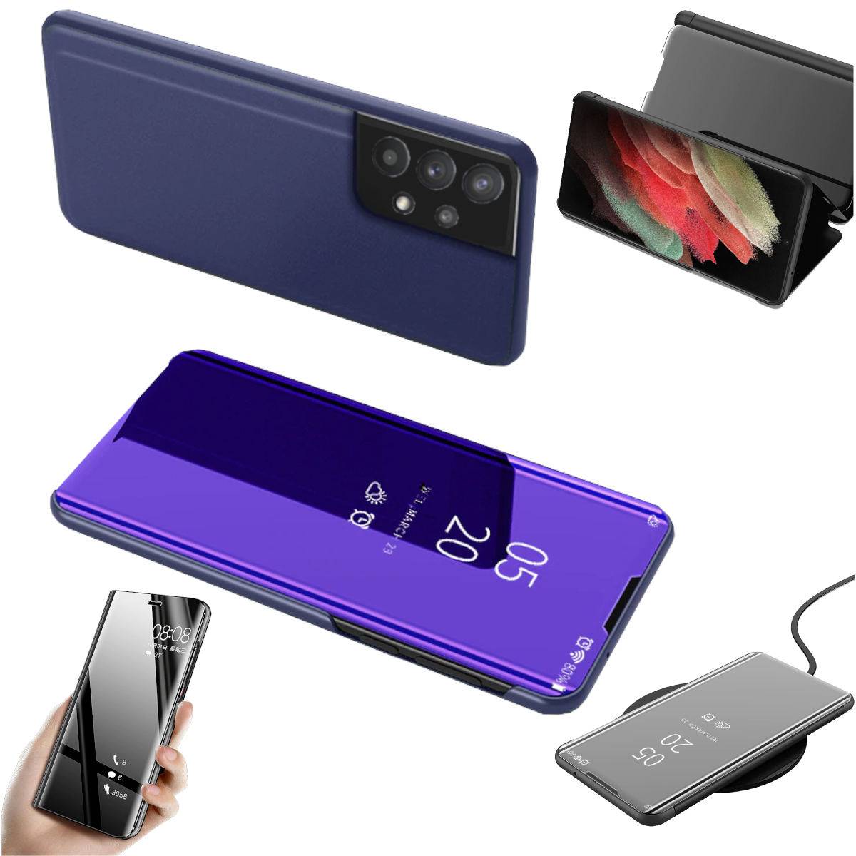 Für Samsung Galaxy A32 5G A326B Clear View Spiegel Mirror Smartcover Lila Schutzhülle Cover Etui Tasche Hülle Neu Case Wake UP Funktion