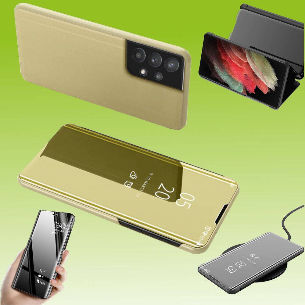 Für Samsung Galaxy A32 5G A326B Clear View Spiegel Mirror Smartcover Gold Schutzhülle Cover Etui Tasche Hülle Neu Case Wake UP Funktion