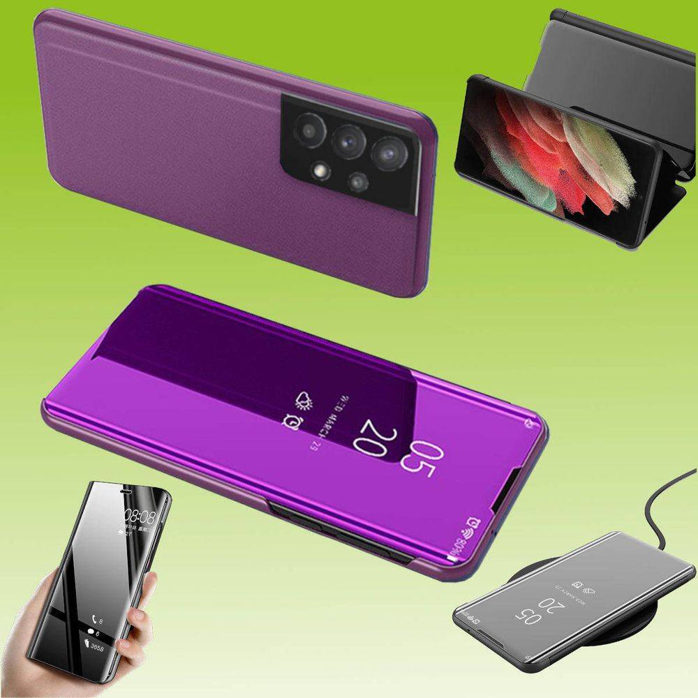 Für Samsung Galaxy A32 5G A326B Clear View Spiegel Mirror Smartcover Magenta Schutzhülle Cover Etui Tasche Hülle Neu Case Wake UP Funktion