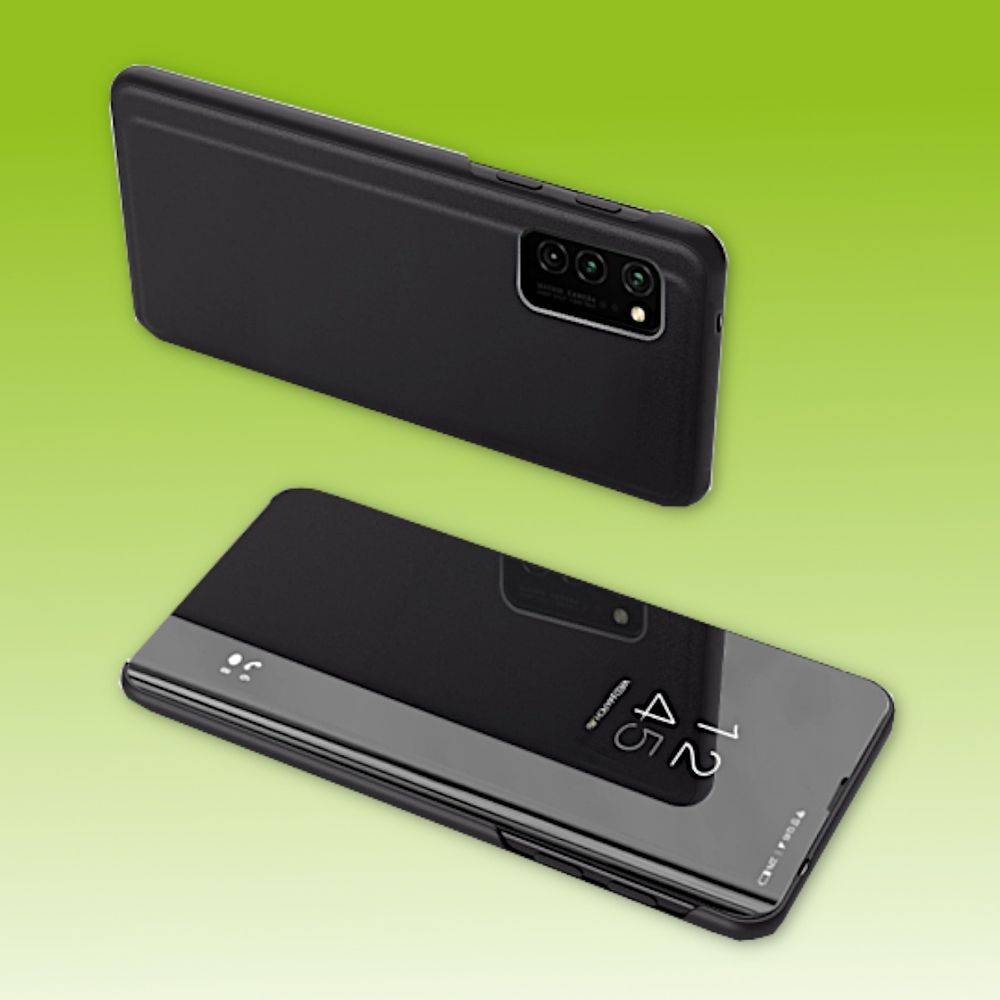 Für Samsung Galaxy A12 A125F Clear View Spiegel Mirror Smartcover Schwarz Schutzhülle Cover Etui Tasche Hülle Neu Case Wake UP Funktion