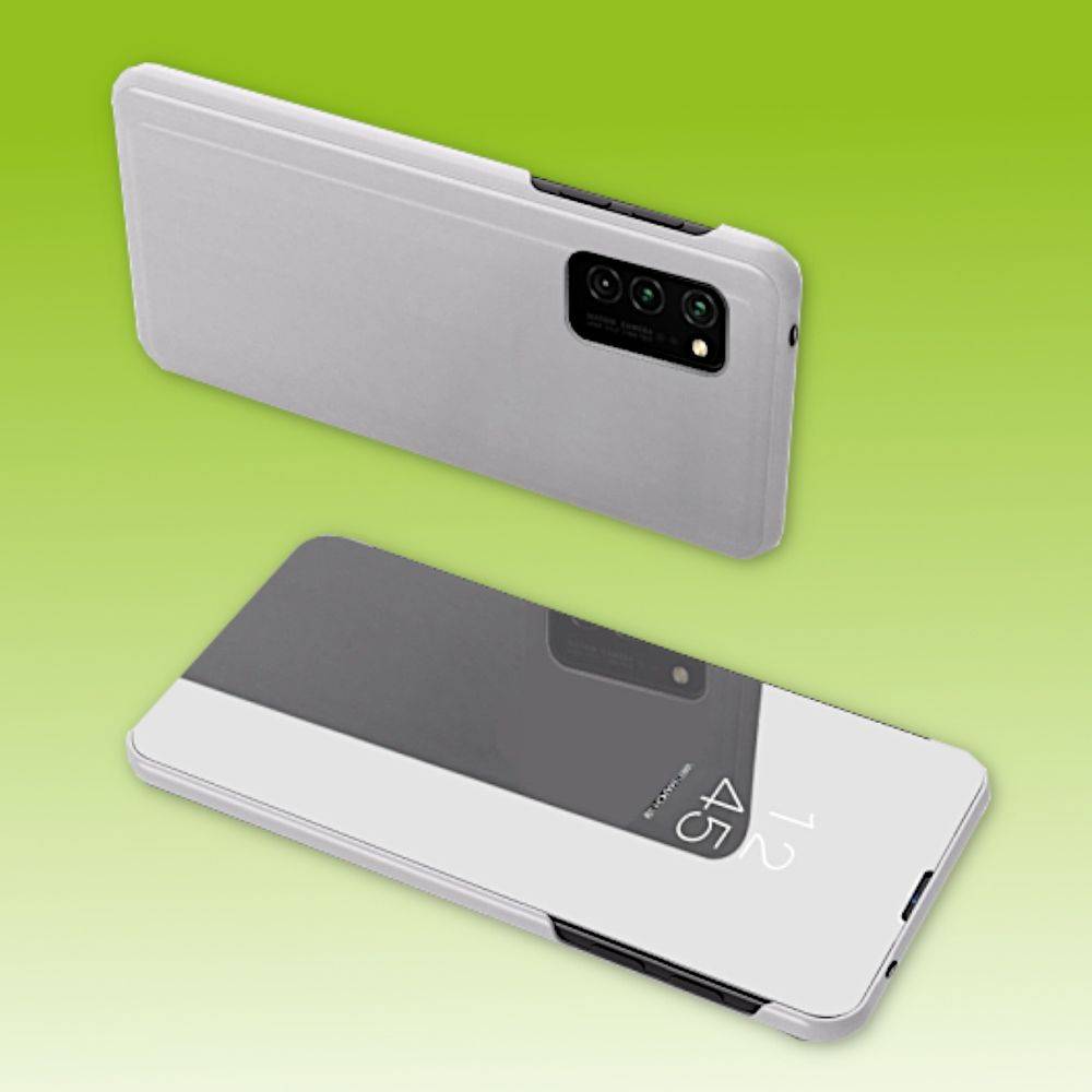 Für Samsung Galaxy A12 A125F Clear View Spiegel Mirror Smartcover Silber Schutzhülle Cover Etui Tasche Hülle Neu Case Wake UP Funktion