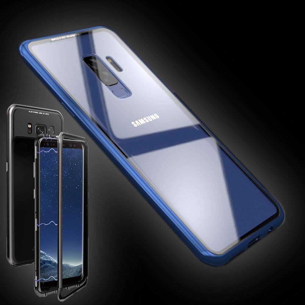 Für Samsung Galaxy S9 N960F Magnet / Metall / Glas Case Bumper Blau / Transparent Tasche Hülle Neu
