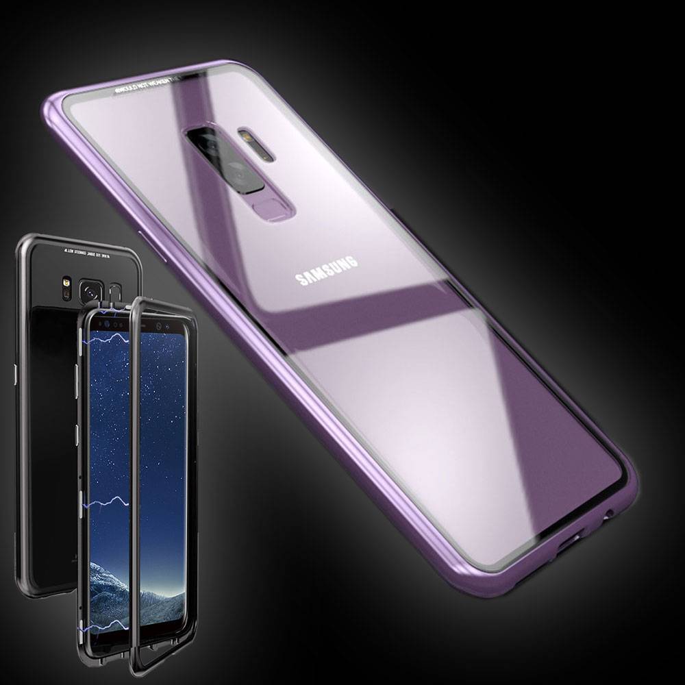 Für Samsung Galaxy S9 N960F Magnet / Metall / Glas Case Bumper Lila / Transparent Tasche Hülle Neu