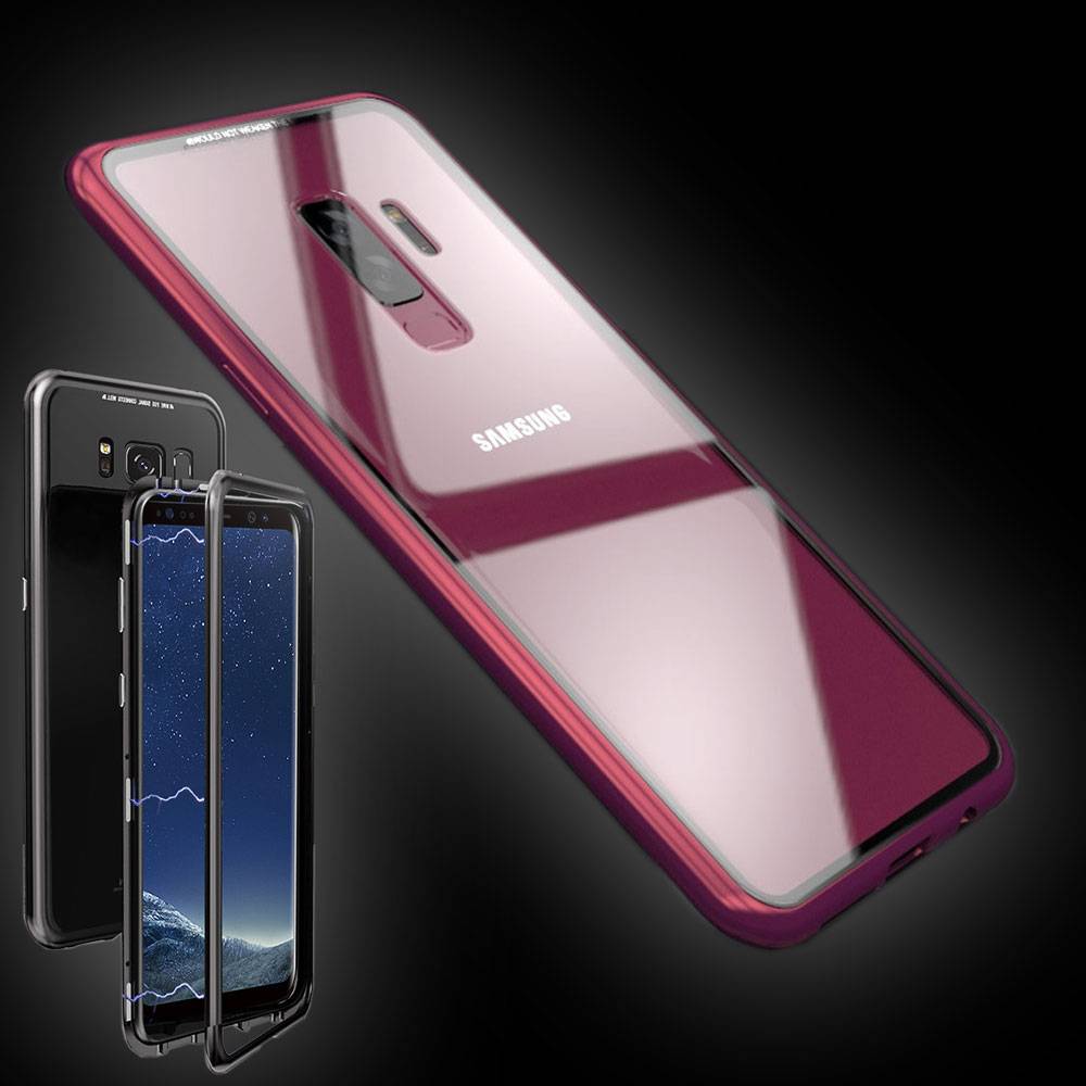Für Samsung Galaxy S9 G960F Magnet / Metall / Glas Case Bumper Rot / Transparent Tasche Hülle Neu