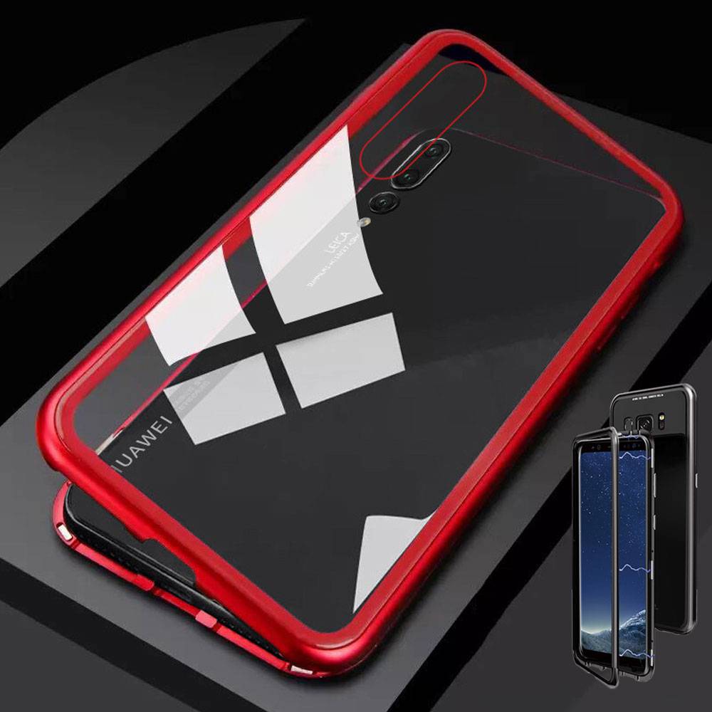 Für Huawei Mate 20 Lite Magnet / Metall / Glas Case Bumper Rot / Transparent Tasche Hülle Neu