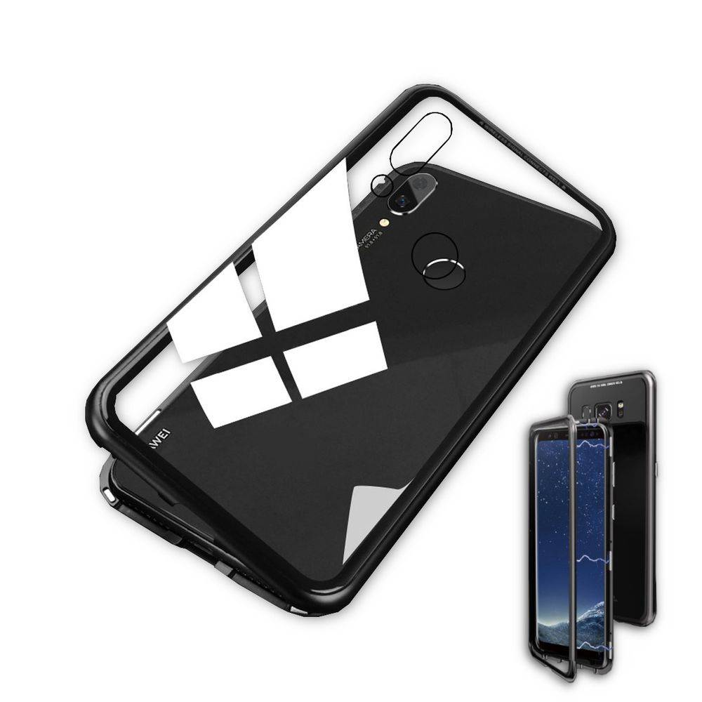 Für Huawei P Smart Plus Magnet / Metall / Glas Case Bumper Schwarz / Transparent Tasche Hülle Neu