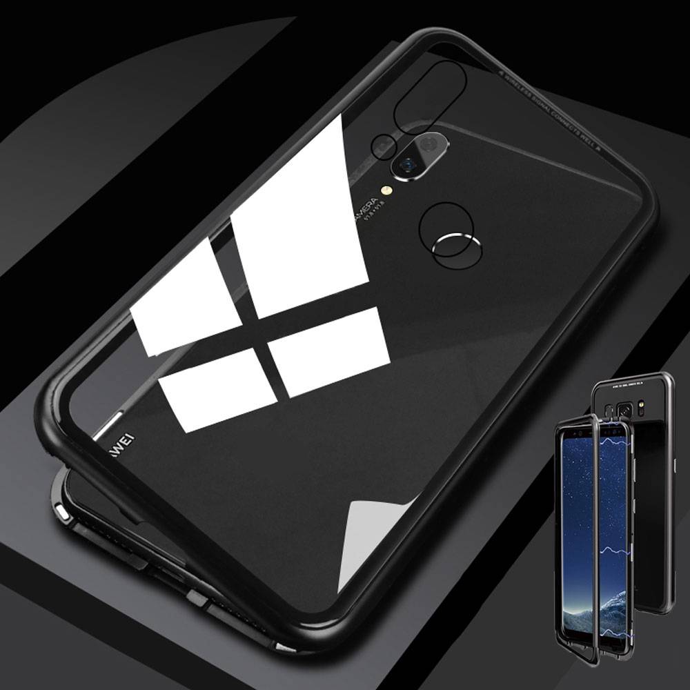 Für Huawei P Smart Plus Magnet / Metall / Glas Case Bumper Schwarz / Transparent Tasche Hülle Neu
