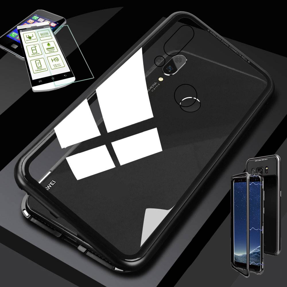 Für Huawei P Smart Plus Magnet / Metall / Glas Tasche Case Schwarz / Transparent + 0,26 mm H9 Hart Glas