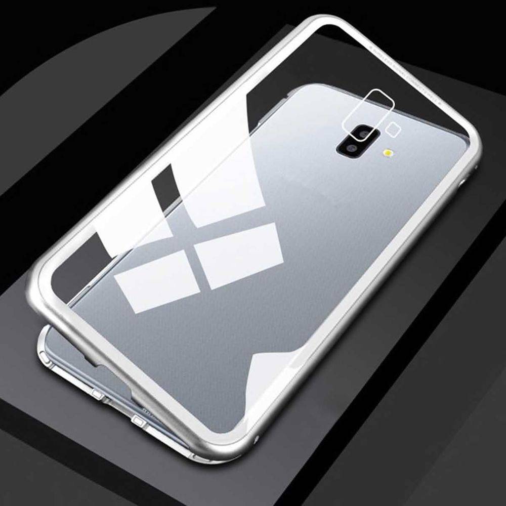 Für Samsung Galaxy J4 Plus J415F Magnet / Metall / Glas Case Bumper Transparent / Silber Tasche Hülle Neu