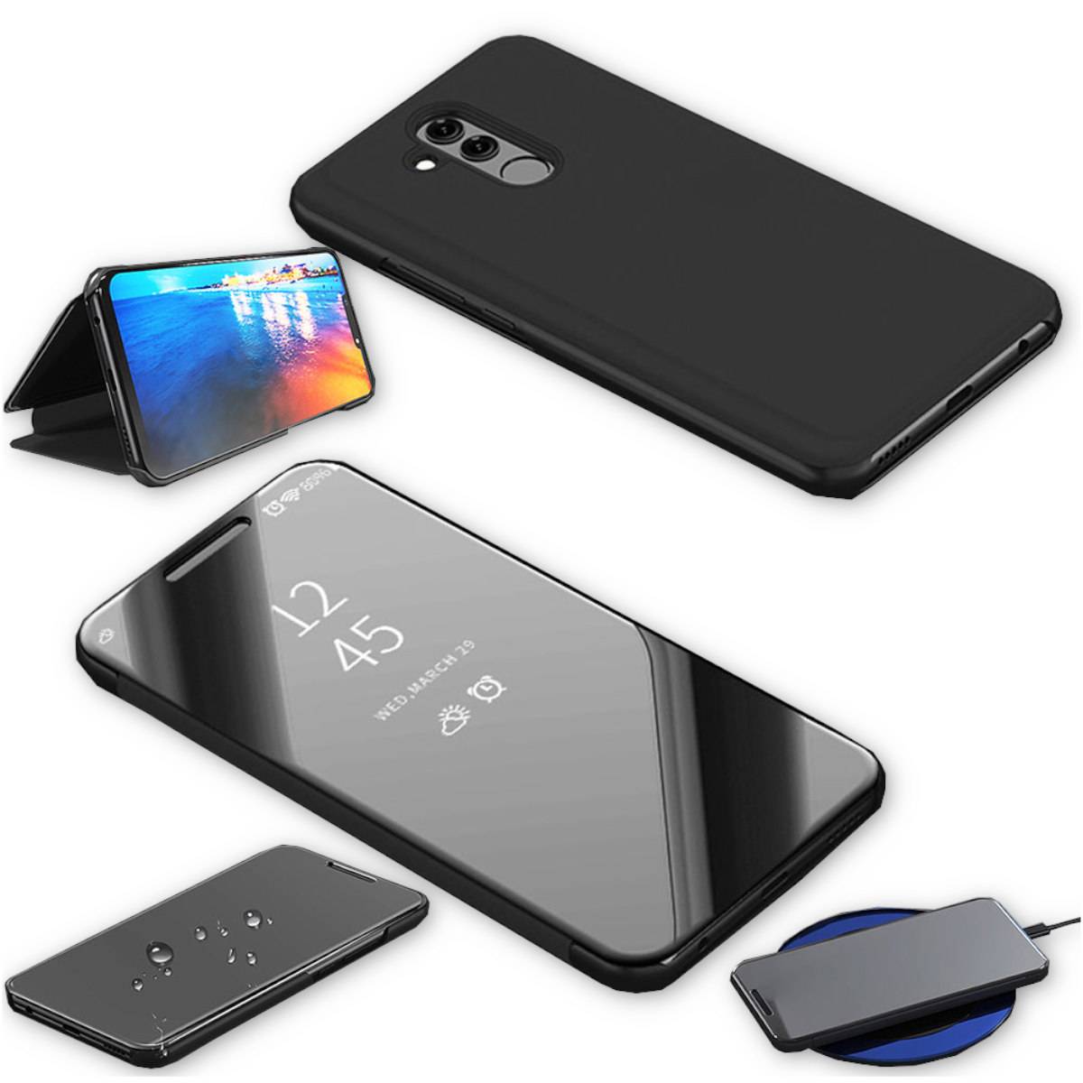 Für Huawei P30 Clear View Spiegel Mirror Smartcover Schwarz Schutzhülle Cover Etui Tasche Hülle Neu Case Wake UP Funktion