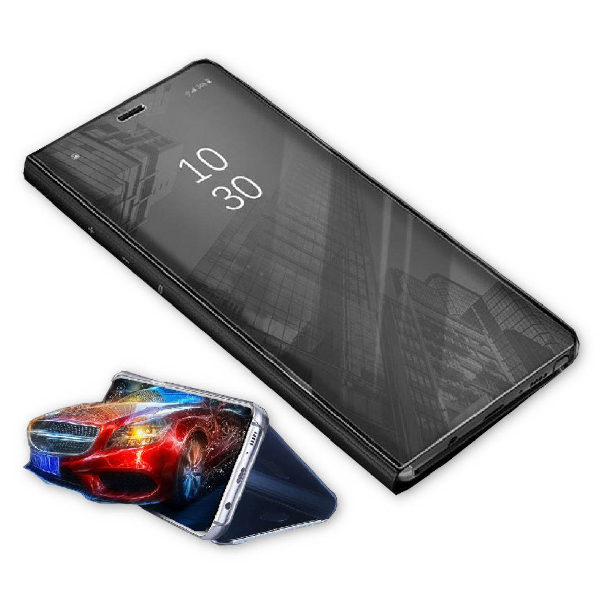 Für Huawei P30 Clear View Spiegel Mirror Smartcover Schwarz Schutzhülle Cover Etui Tasche Hülle Neu Case Wake UP Funktion