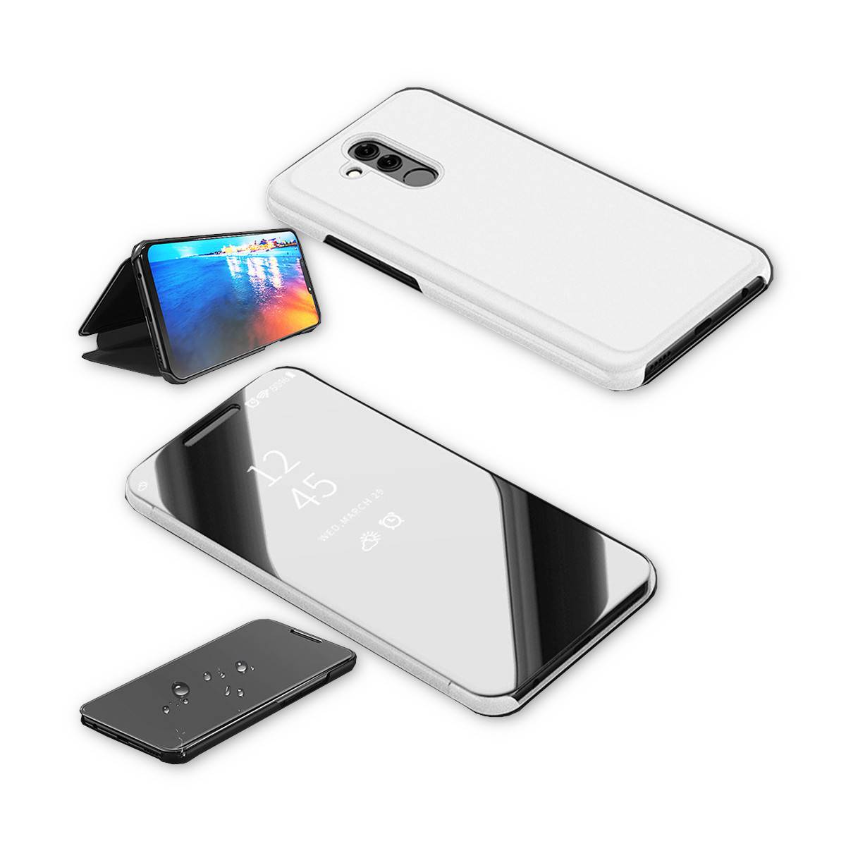 Für Huawei P30 Clear View Spiegel Mirror Smartcover Silber Schutzhülle Cover Etui Tasche Hülle Neu Case Wake UP Funktion