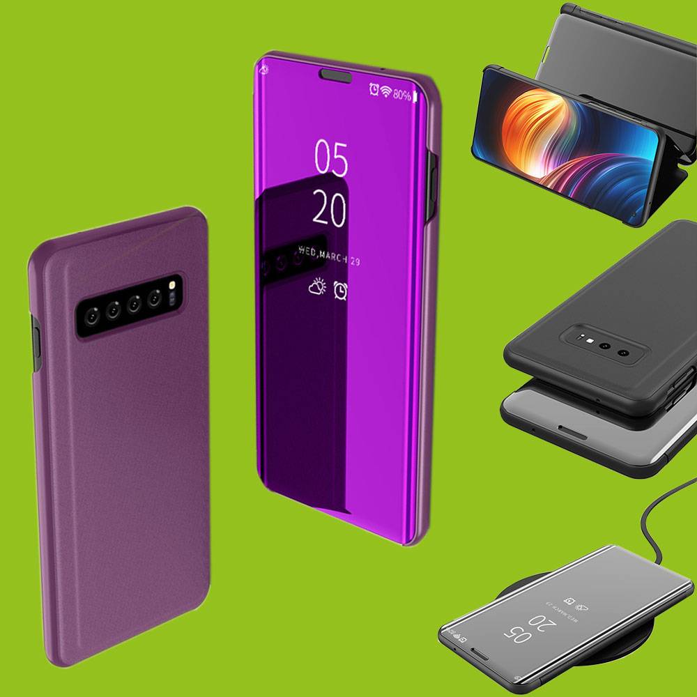 Für Samsung Galaxy S10 G973F 6.1 Zoll Clear View Spiegel Mirror Smart Cover Lila Tasche Hülle Case Wake UP