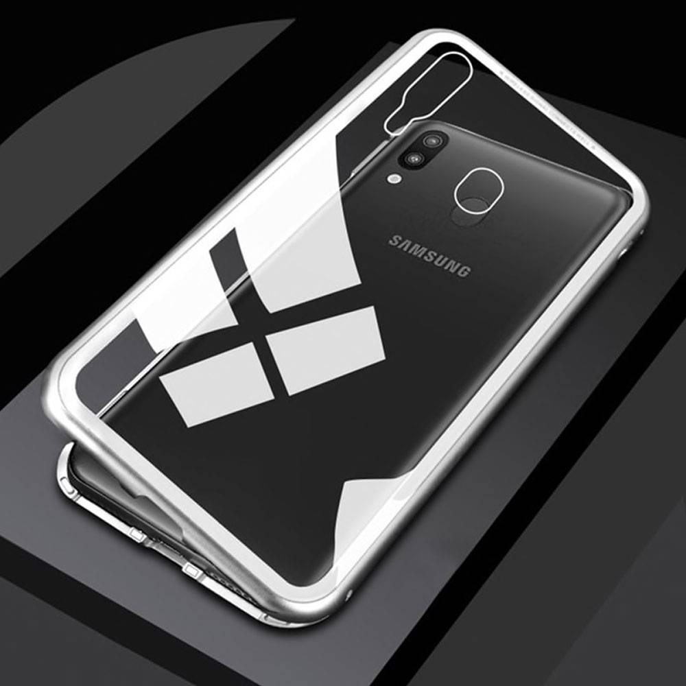 Für Samsung Galaxy M20 6.3 Zoll Magnet / Metall / Glas Case Bumper Transparent / Silber Tasche Hülle Neu