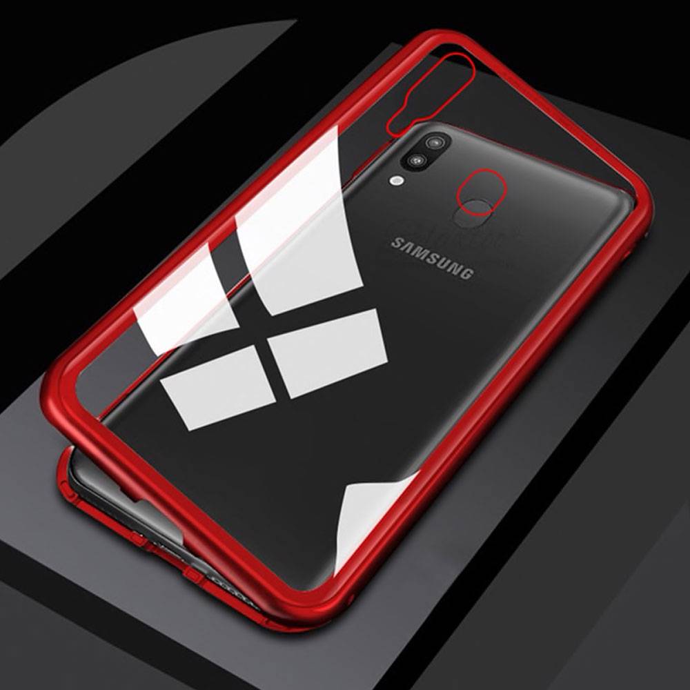 Für Samsung Galaxy M20 6.3 Zoll Magnet / Metall / Glas Case Bumper Transparent / Rot Tasche Hülle Neu