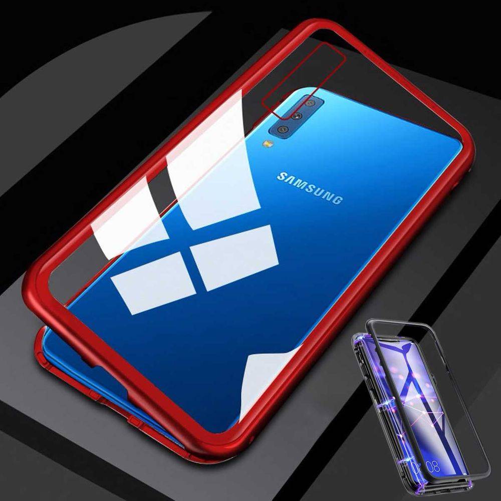Für Samsung Galaxy M20 6.3 Zoll Magnet / Metall / Glas Case Bumper Transparent / Rot Tasche Hülle Neu