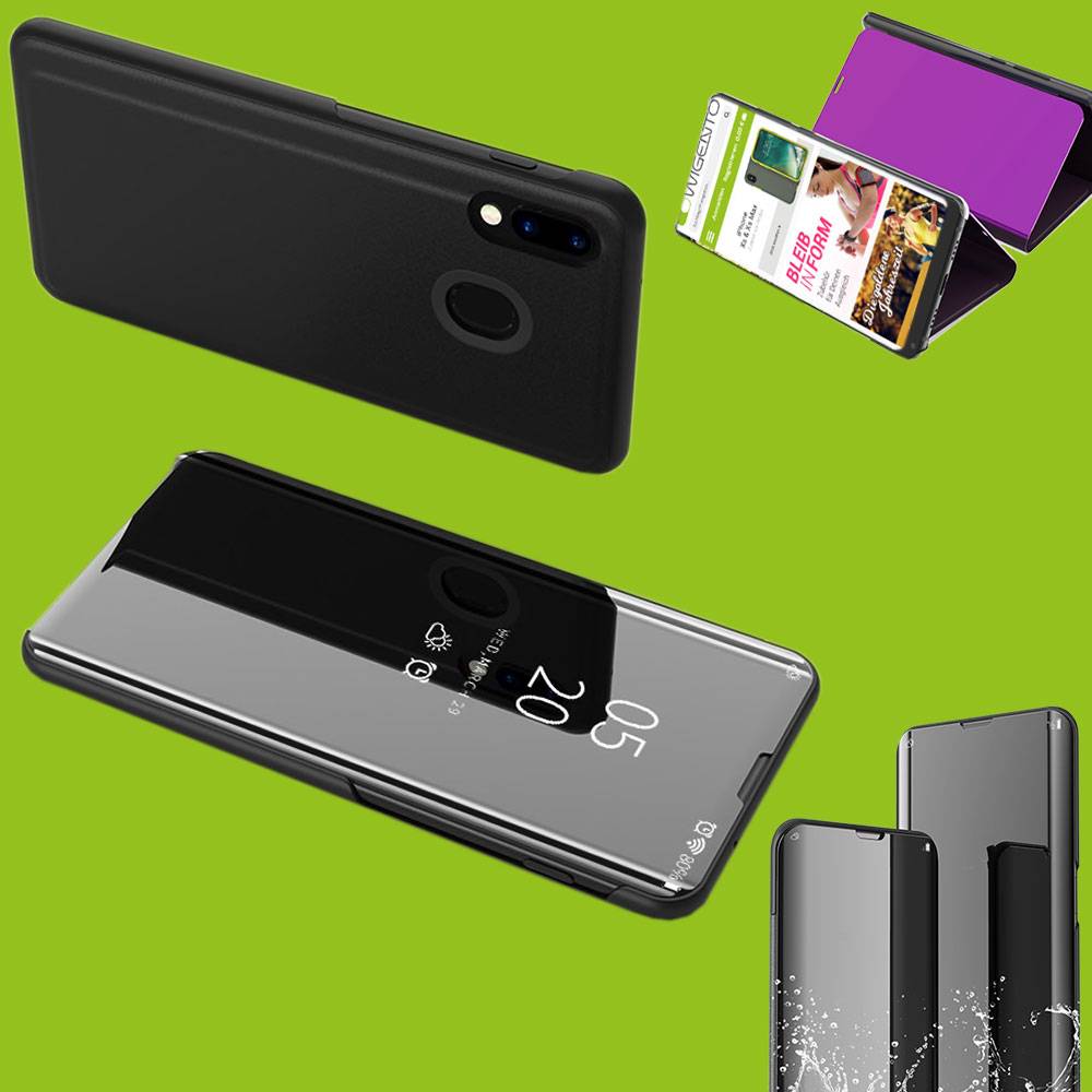 Für Samsung Galaxy M20 6.3 Zoll Clear View Spiegel Mirror Smartcover Schwarz Schutzhülle Cover Etui Tasche Hülle Neu Case Wake UP Funktion
