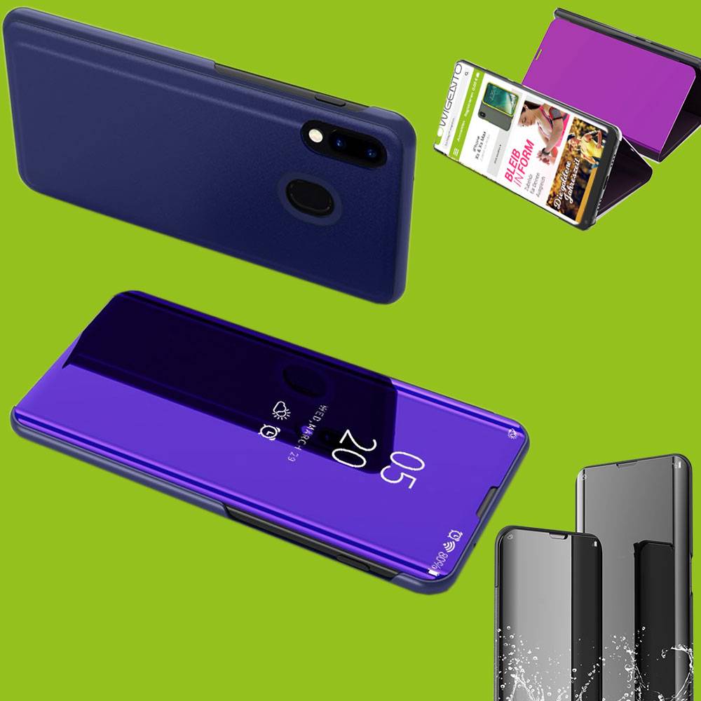 Für Samsung Galaxy M20 6.3 Zoll Clear View Spiegel Mirror Smartcover Lila Schutzhülle Cover Etui Tasche Hülle Neu Case Wake UP Funktion