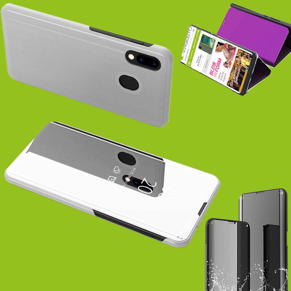 Für Samsung Galaxy M20 6.3 Zoll Clear View Spiegel Mirror Smartcover Silber Schutzhülle Cover Etui Tasche Hülle Neu Case Wake UP Funktion