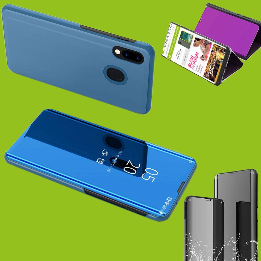 Für Samsung Galaxy M20 6.3 Zoll Clear View Spiegel Mirror Smartcover Blau Schutzhülle Cover Etui Tasche Hülle Neu Case Wake UP Funktion