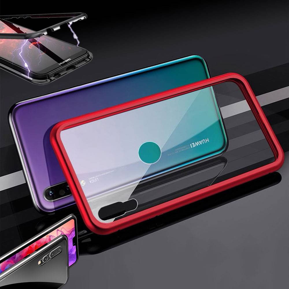 Für Huawei P30 Magnet / Metall / Glas Case Bumper Rot / Transparent Tasche Hülle Neu