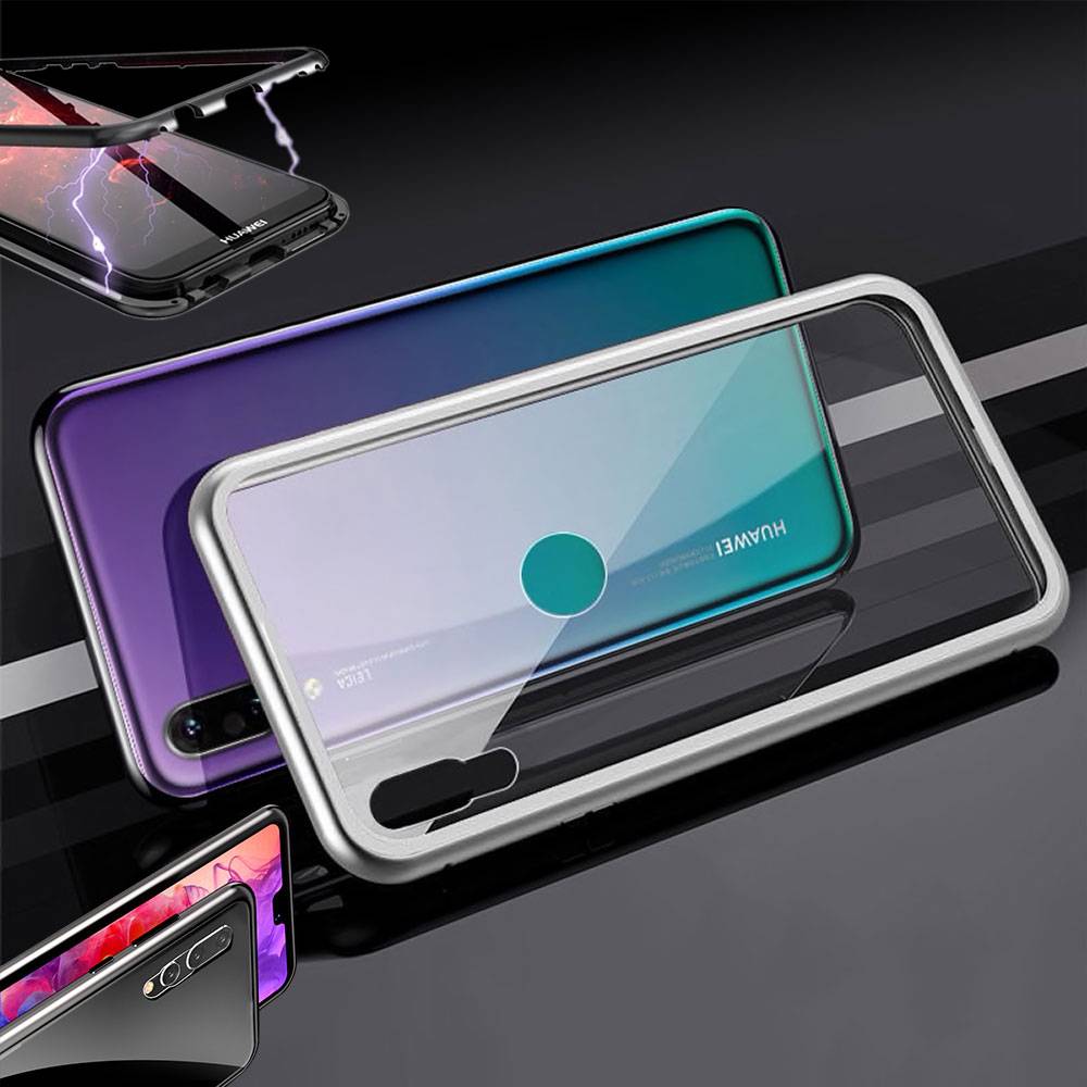 Für Huawei P30 Lite Magnet / Metall / Glas Case Bumper Silber / Transparent Tasche Hülle Neu
