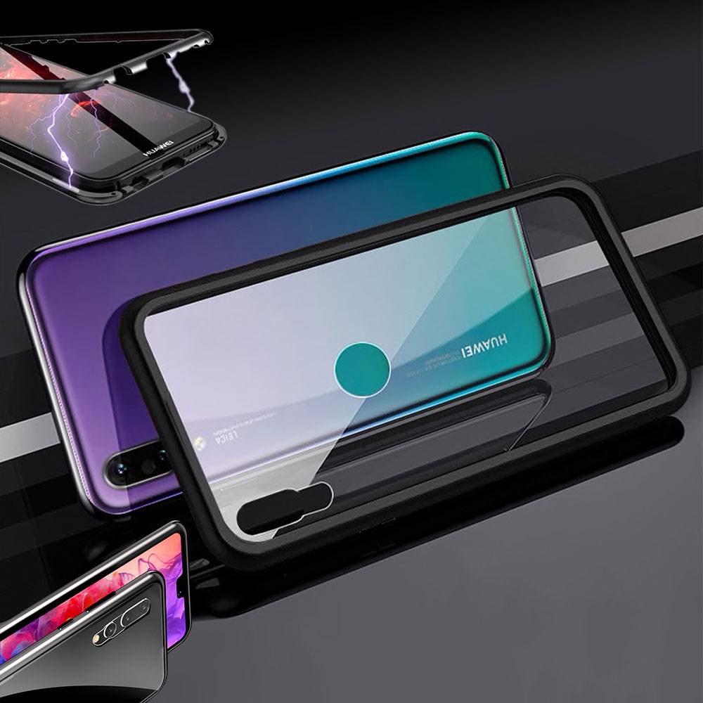 Für Huawei Y7 2019 Magnet / Metall / Glas Case Bumper Schwarz / Transparent Tasche Hülle Etuis Neu