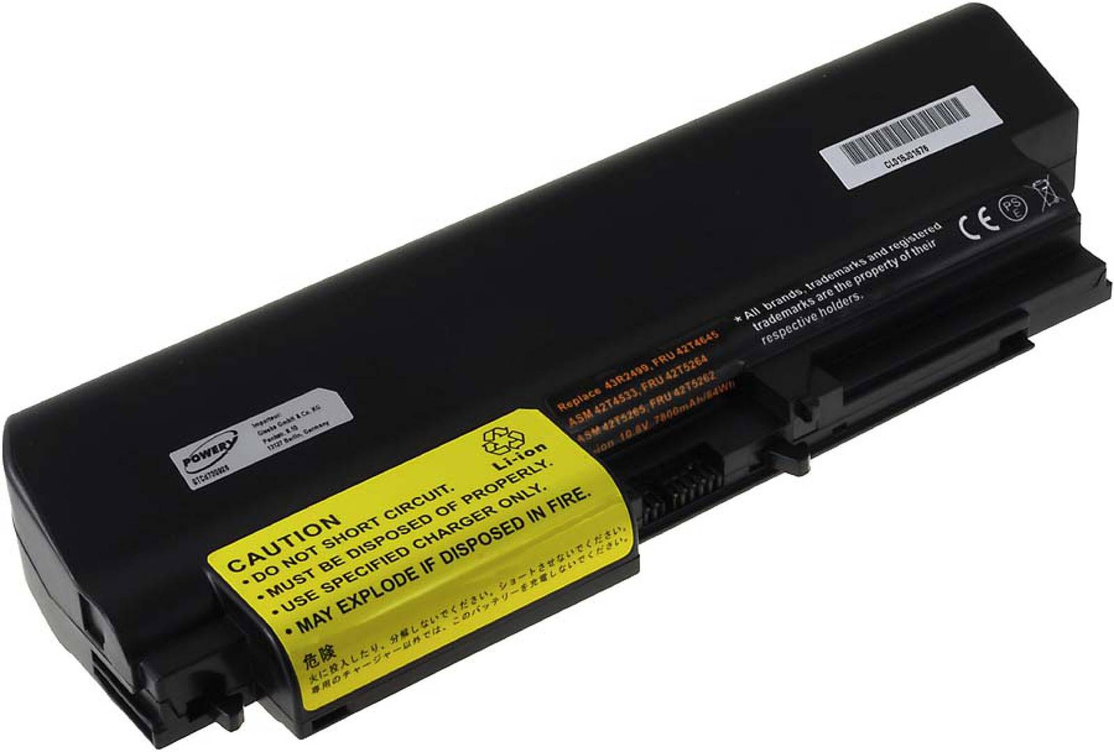 Powery Akku für Lenovo Thinkpad T400 Serie 6600mAh, 10,8V, Li-Ion
