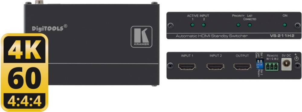 Kramer' HDMI-Eingangswechsler mit der Aufschrift 'Automatischer HDMI', mit Anzeige-LEDs für aktive Eingänge und einem HDMI-Anschluss, beschriftet mit 'Eingang 1'.