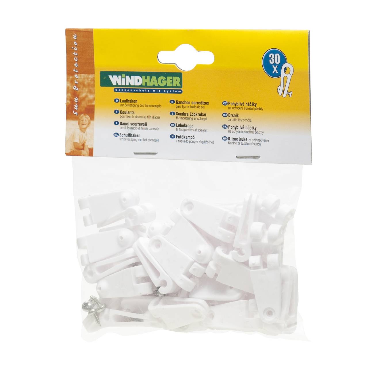 Windhager 10701 Laufhaken, Zubehör für Seilspannmarkise / Sonnensegel, weiß (30er Pack)