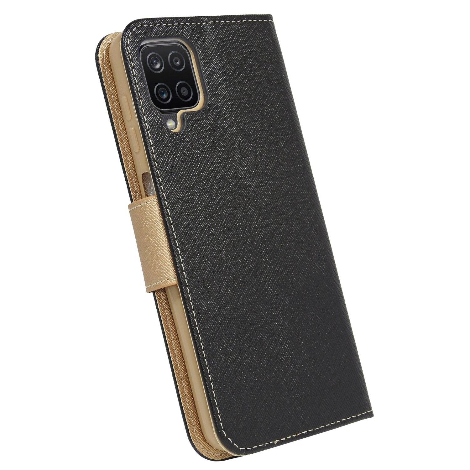 Buch Tasche "Fancy" für SAMSUNG GALAXY A12 (A125F) Handy Hülle mit Standfunktion, Kartenfach Schwarz-Gold