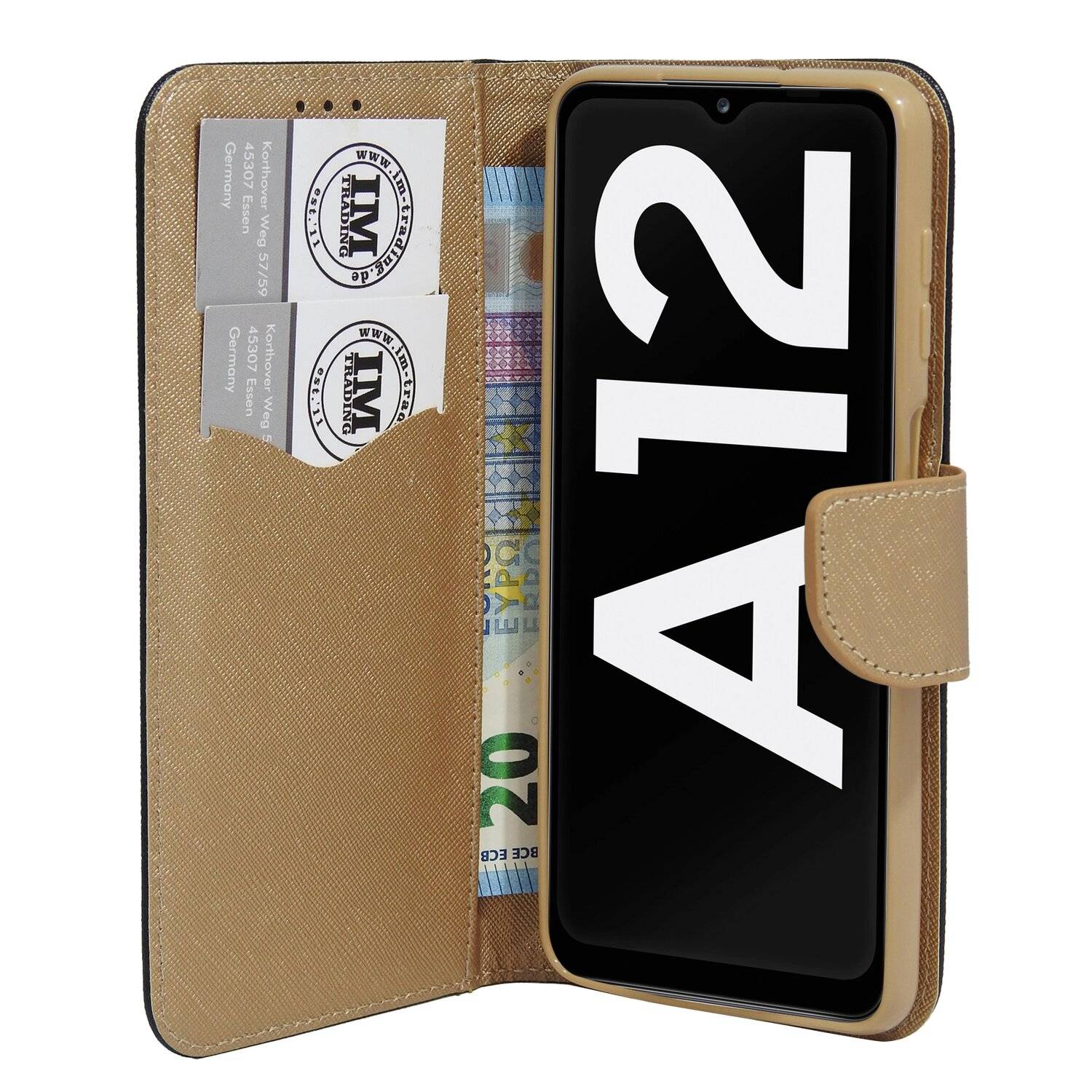 Buch Tasche "Fancy" für SAMSUNG GALAXY A12 (A125F) Handy Hülle mit Standfunktion, Kartenfach Schwarz-Gold