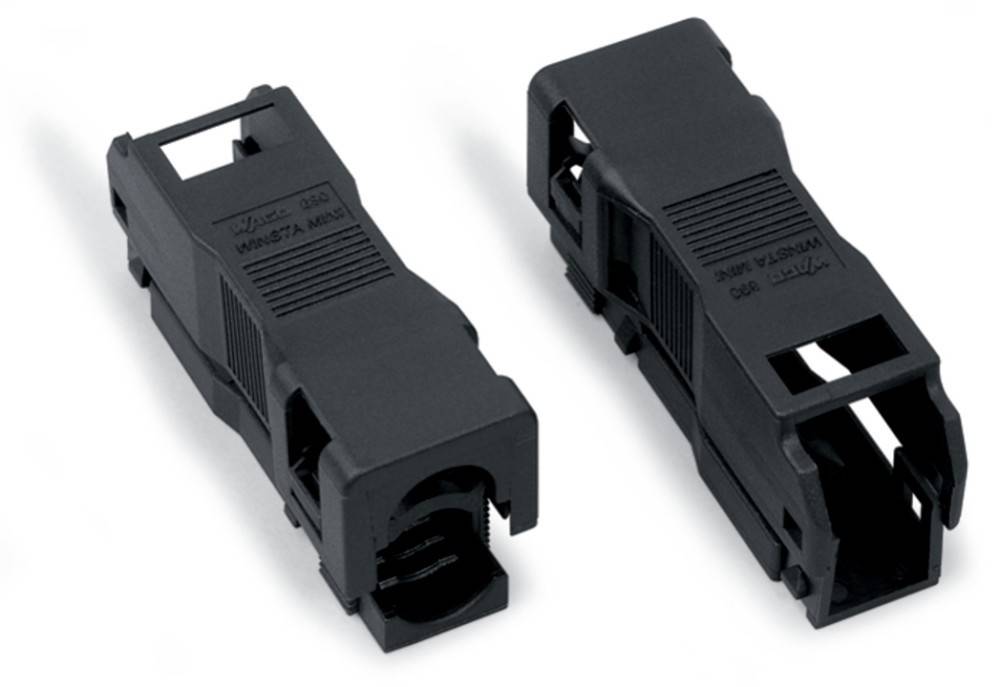 Zwei schwarze Plastik-Kabelverbinder, die sich auf weißem Hintergrund aufeinander zu neigen und ihre Anschlüsse und Schlitzöffnungen zeigen.