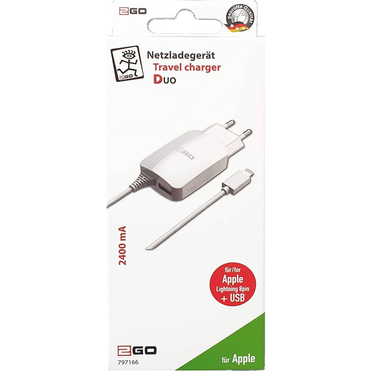 2GO USB Ladegerät 110V-240V 2100mA, mit iPhone Kabel,für alle Smartphones mit Lightning Anschluss, 797167, in weiß