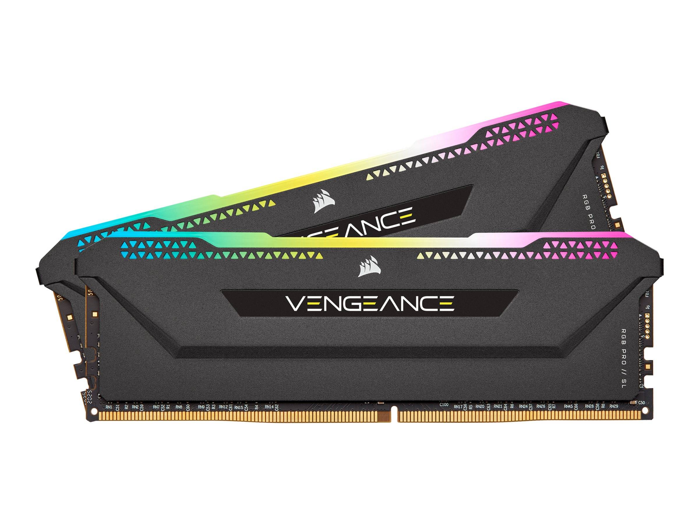 Zwei Corsair Vengeance RGB RAM-Module mit Regenbogenlicht-Akzenten auf weißem Hintergrund.