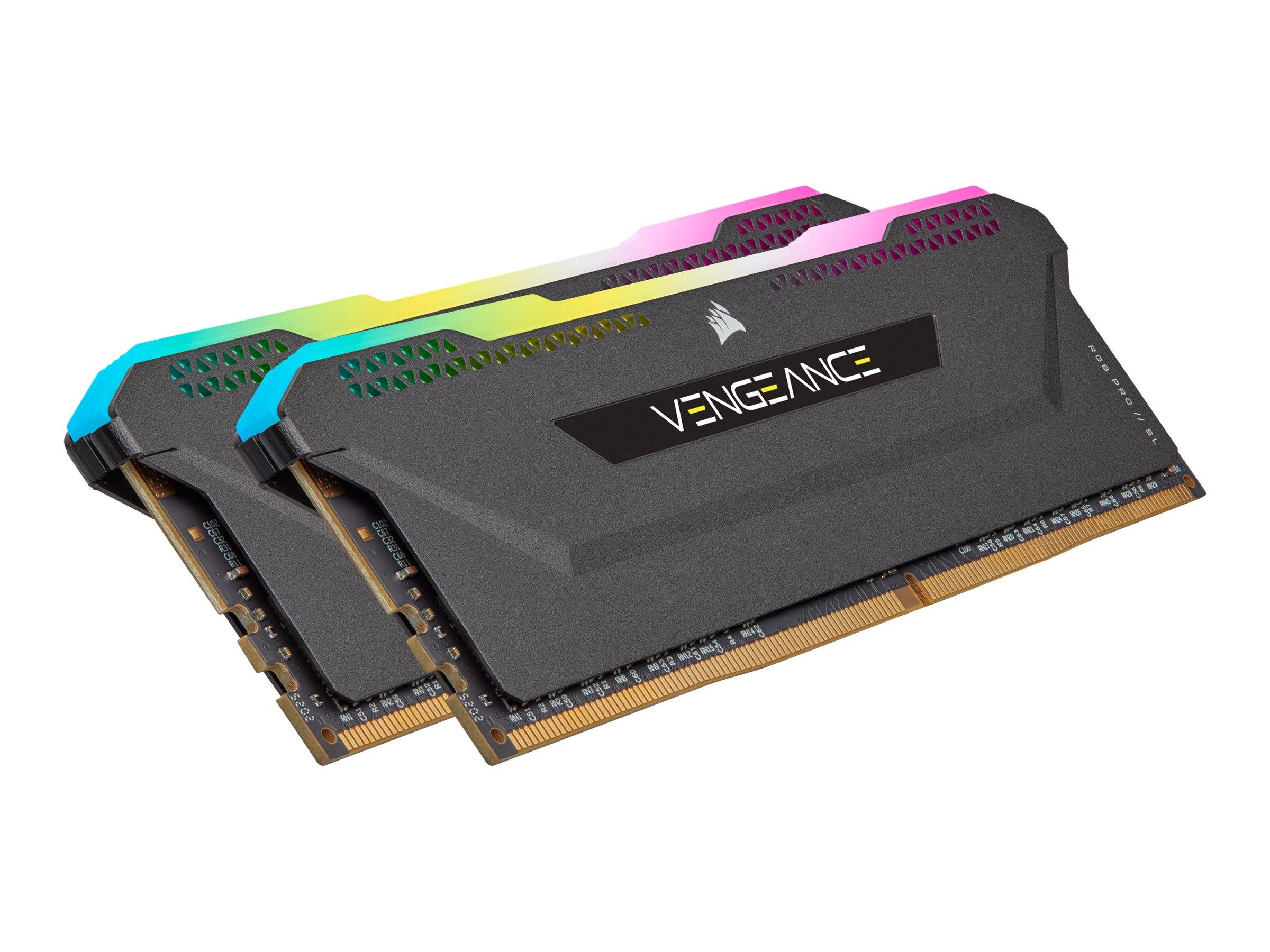 Zwei Corsair Vengeance RGB RAM-Module mit regenbogenfarbigen LED-Leuchtleisten auf der Oberseite.