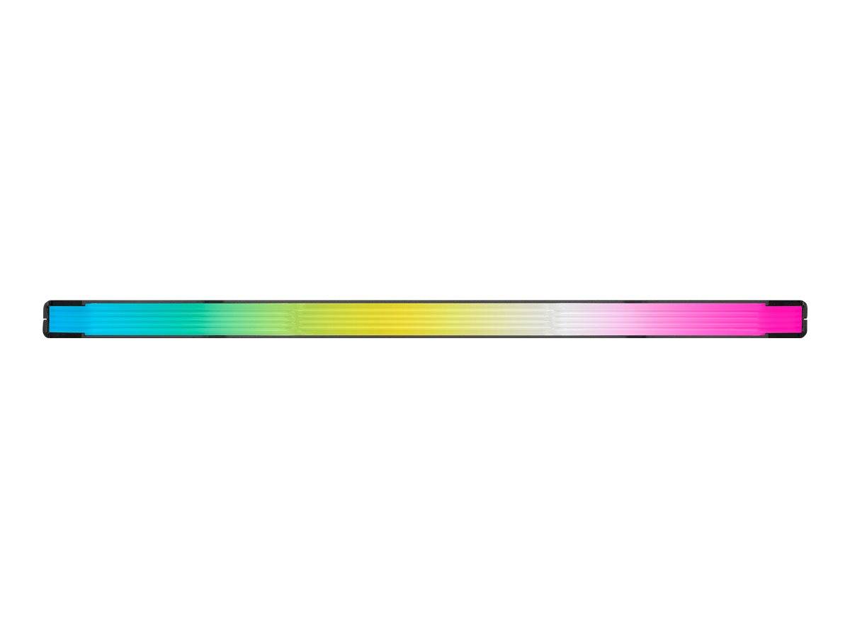 Ein horizontaler Farbverlauf-Balken, der von Blau über Grün, Gelb, Weiß und Rosa verläuft, mit schwarzem Rahmen auf weißem Hintergrund.