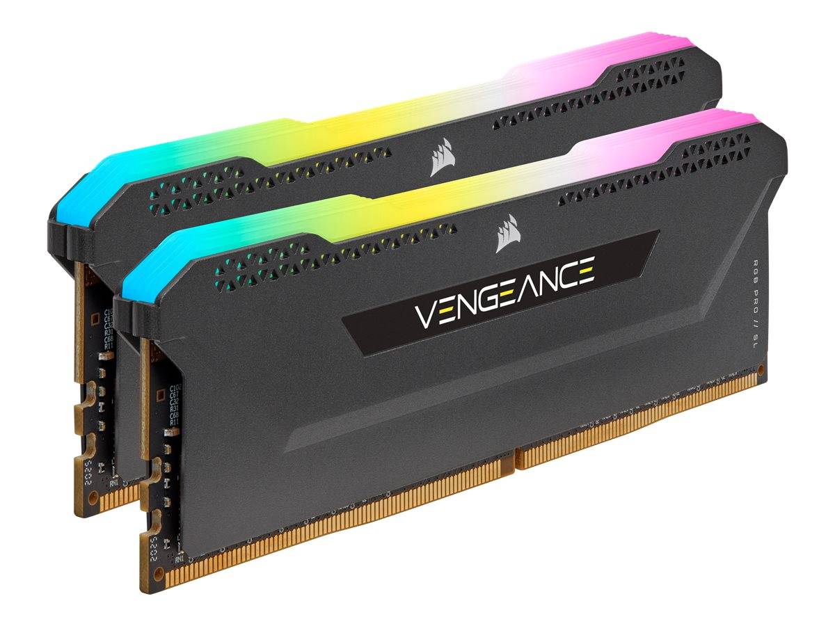 Zwei Corsair Vengeance RGB-Speichermodule mit regenbogenfarbigen Lichtleisten und schwarzen Wärmeableitern auf weißem Hintergrund.