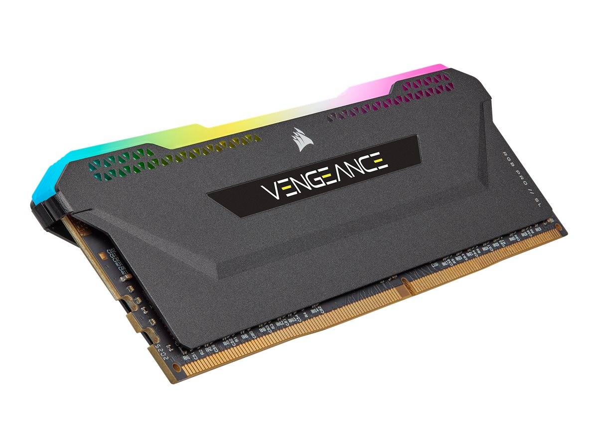 Corsair Vengeance RGB Speichermodul mit einer Regenbogen-Leuchtleiste entlang der oberen Kante.