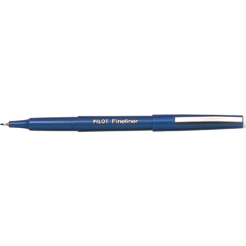 Ein blauer Pilot Fineliner-Stift mit feiner Spitze, silberner Klammer und Kappe, horizontal auf weißem Hintergrund platziert.