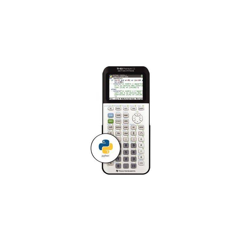 Ein TI-84 Plus CE Grafikrechner, der ein Programm auf seinem Bildschirm anzeigt, mit einem Python-Logo, das Programmierfähigkeiten andeutet.