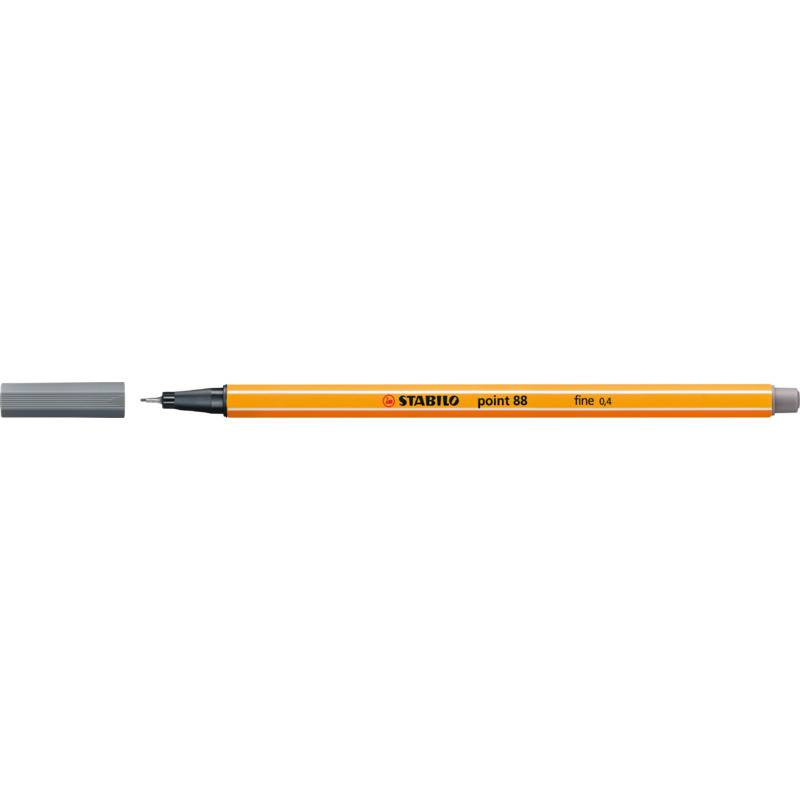 Ein gelber Stabilo point 88 Fineliner mit abgenommenem grauem Deckel, beschriftet mit 'fine 0.4'.