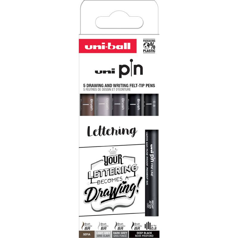 uni-ball Fineliner PIN PF "Lettering", 5er Set