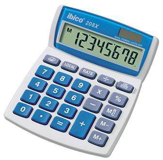 Blauer und weißer Desktop-Rechner mit großem Display, das 12345678 anzeigt, und beschrifteten Funktionstasten für Finanzberechnungen.