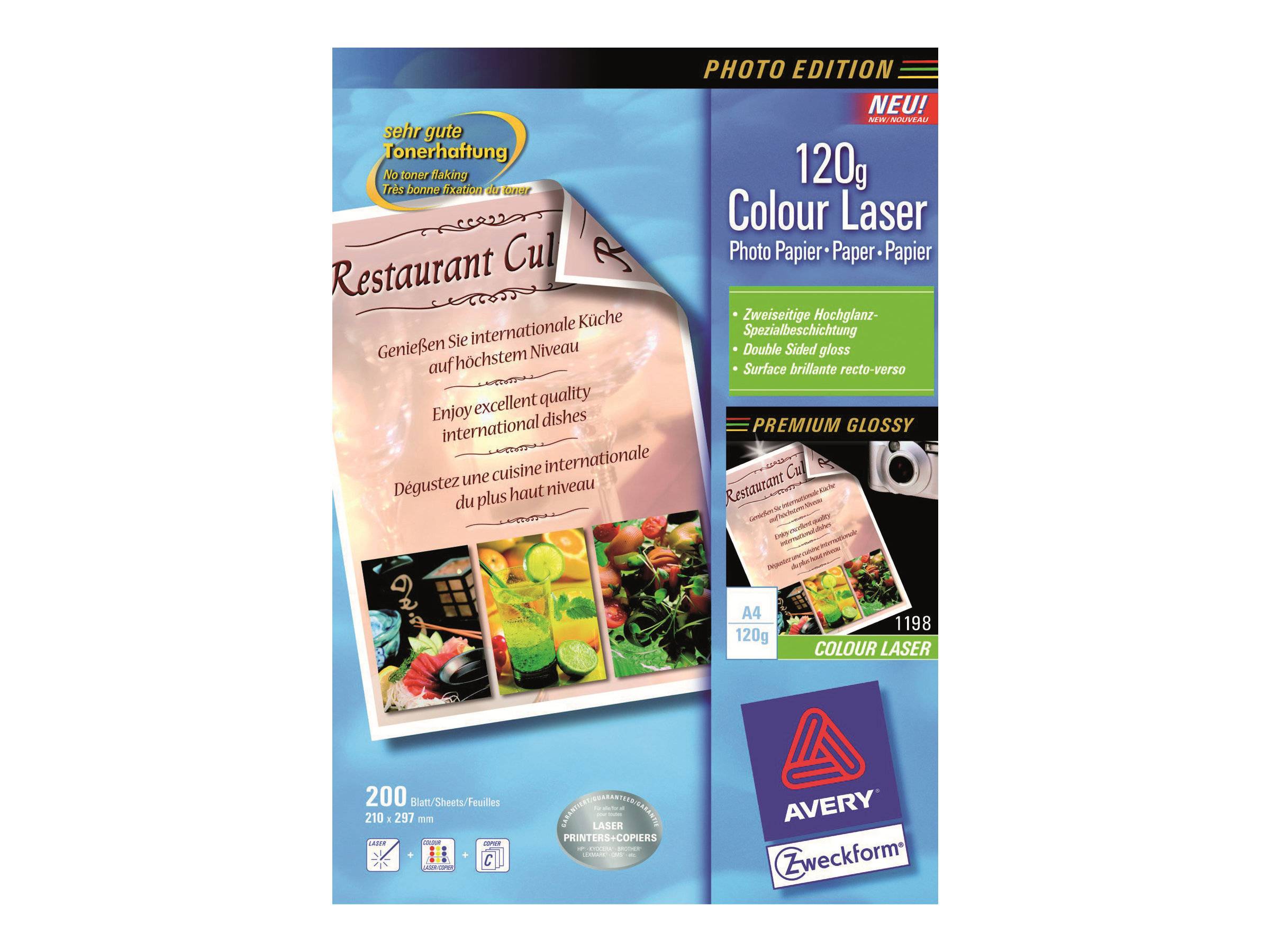 Avery Zweckform 120g Farblaserphoto-Papier-Packung mit glänzenden A4-Blättern, dargestellt mit einer Restaurantmenü-Beispielseite und dem Text „PHOTO EDITION